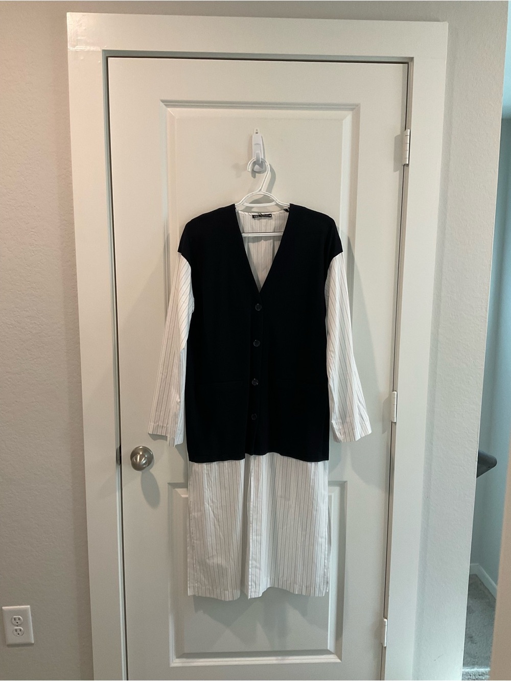 Zara Black Layered Knit Vest over White Pinstripe Dress